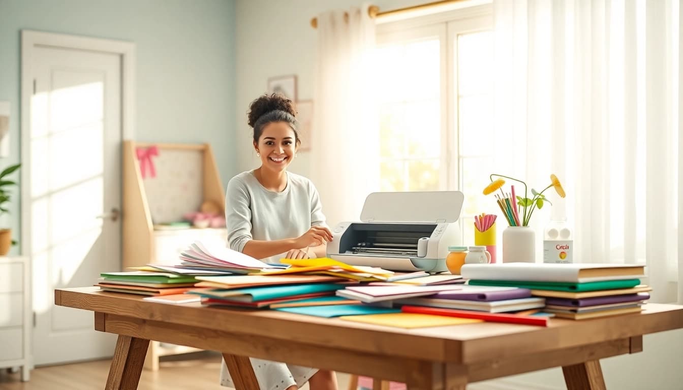 Cricut for beginners crafting workspace with colorful materials and a friendly user.