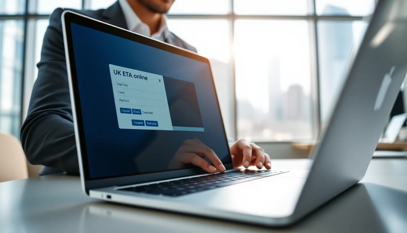 Apply for uk eta online application with a laptop in a bright office.