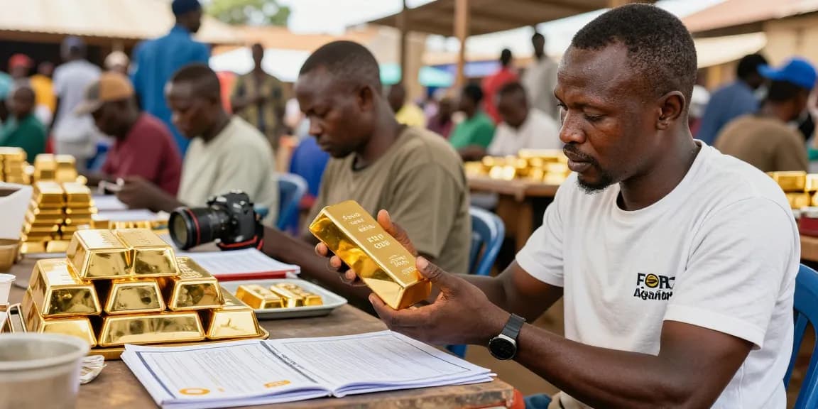 Serious buyers examining FOB gold Uganda in a professional trading scene, showcasing transparency and authenticity.