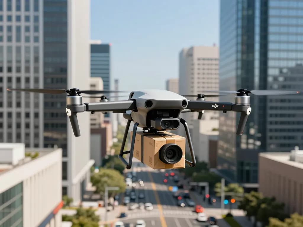 Flying DJI FlyCart 100 drone delivering packages over an urban setting, showcasing its innovative dual payload capabilities.