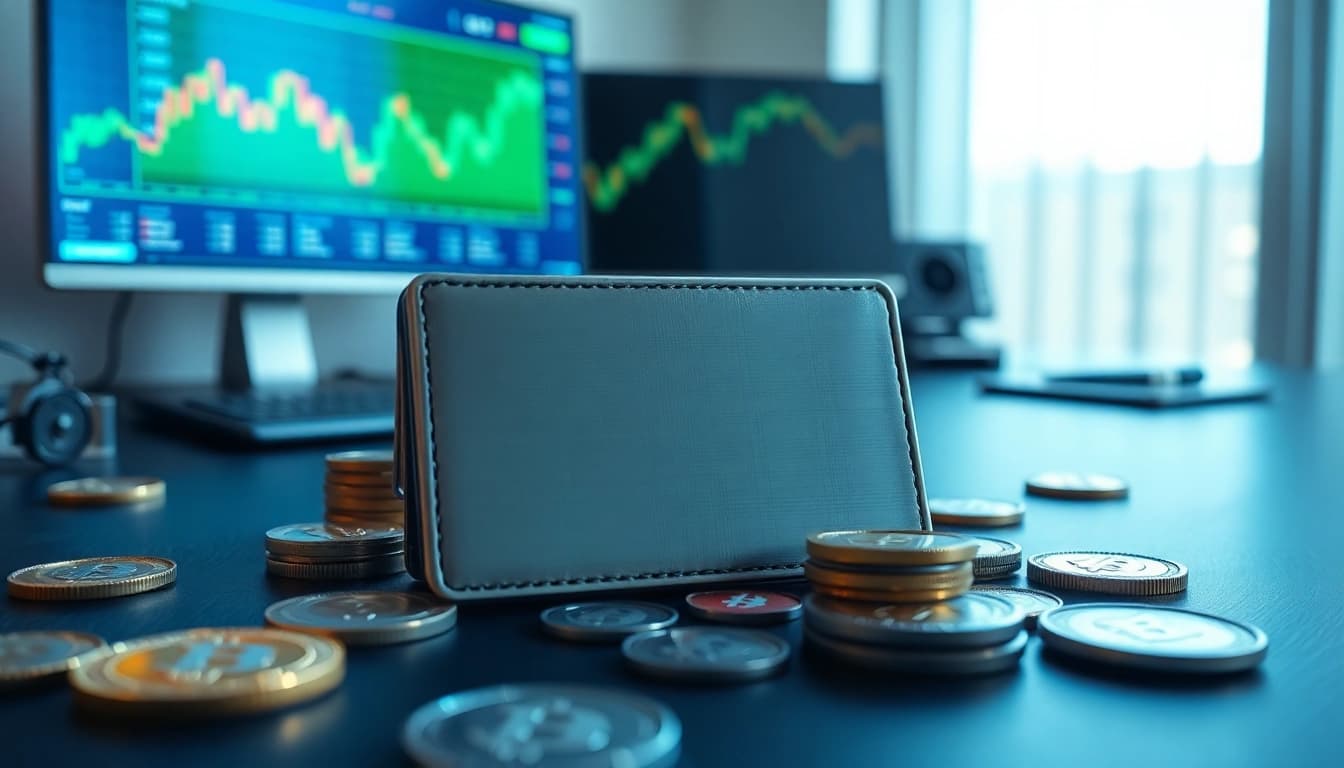 Secure crypto wallet showcasing digital currencies on a modern desk setup.