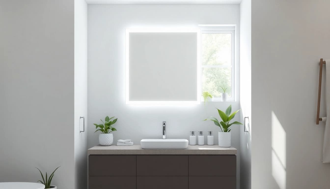 Reflective elegance of an elegant led mirror enhancing a modern bathroom ambiance.