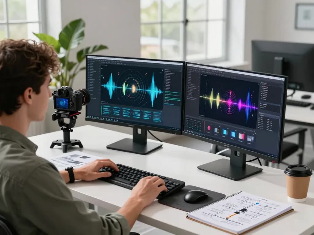 Expert using mind control ai software in a modern workspace with dual monitors and video generation tools.