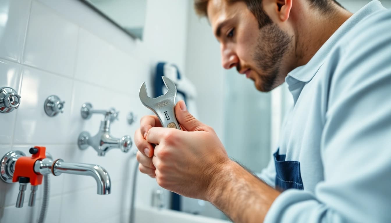 Find a qualified plumber near me fixing a sink in a bright bathroom.