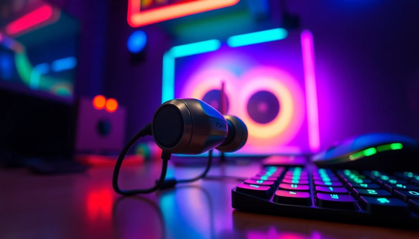 PRO60 Gaming Earbuds featured in an immersive gaming setup, showcasing their sleek design and vibrant surroundings.