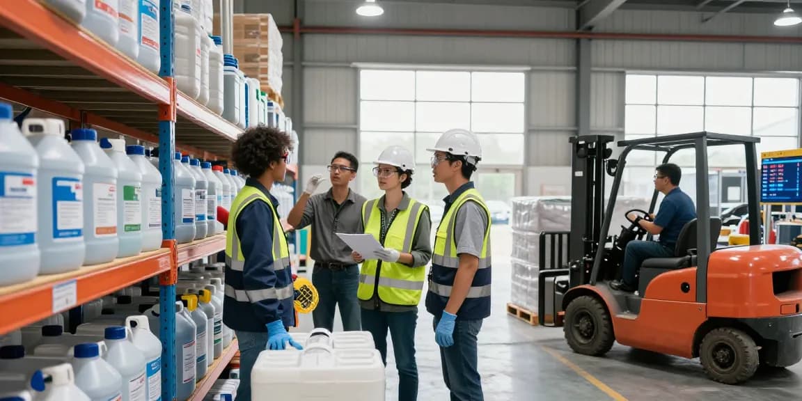 Chemical suppliers near me exploring a well-organized warehouse, showcasing teamwork and safety.