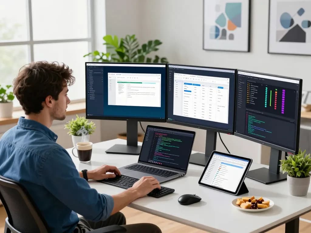 Developer using WPS software in a modern office workspace.