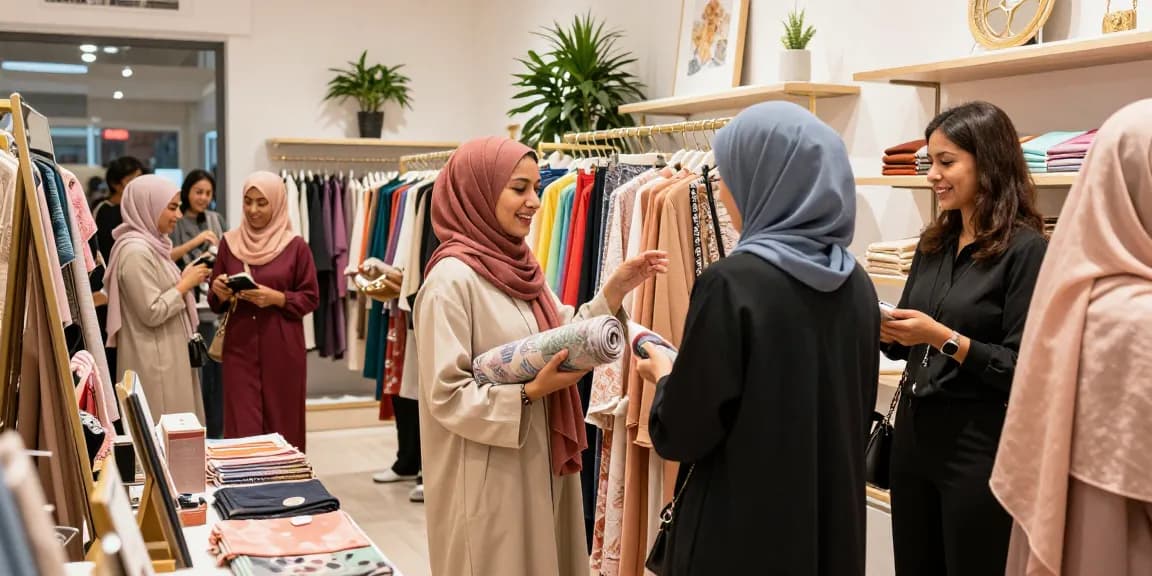 Vibrant hijab store scene showcasing diverse hijab selections and customer interactions.
