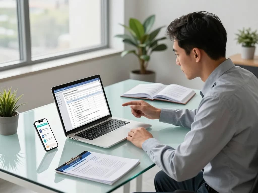 Technology compliance lawyer Ontario providing legal advice in a modern office with regulatory documents and digital devices.
