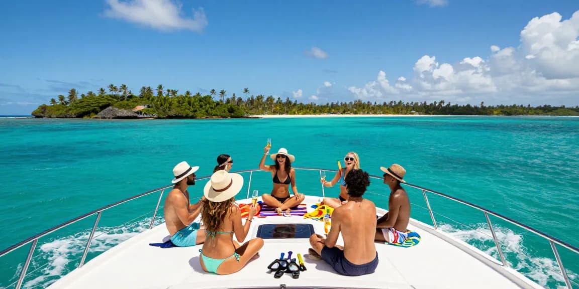 Luxury yacht rental Punta Cana with friends celebrating on crystal-clear waters