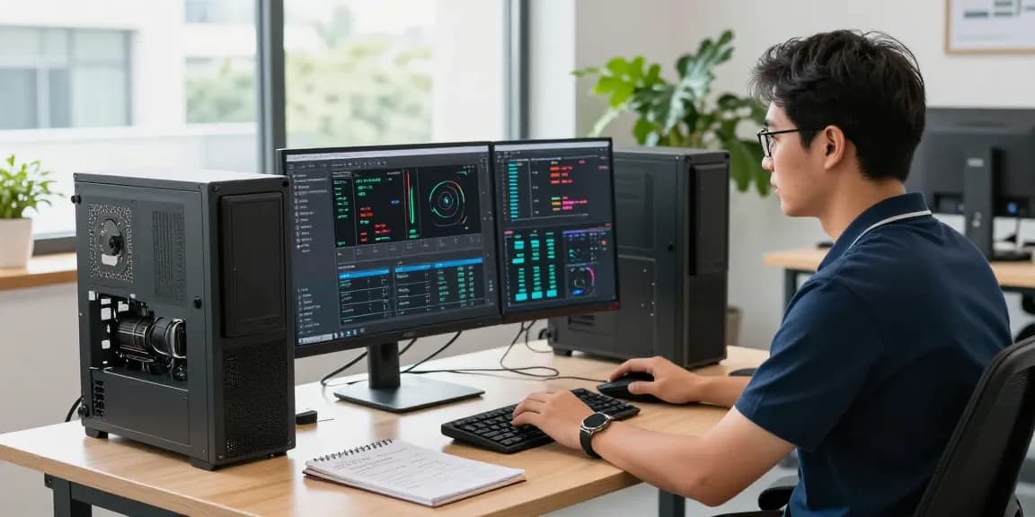 Technician working on a refurbished PC in a modern office.