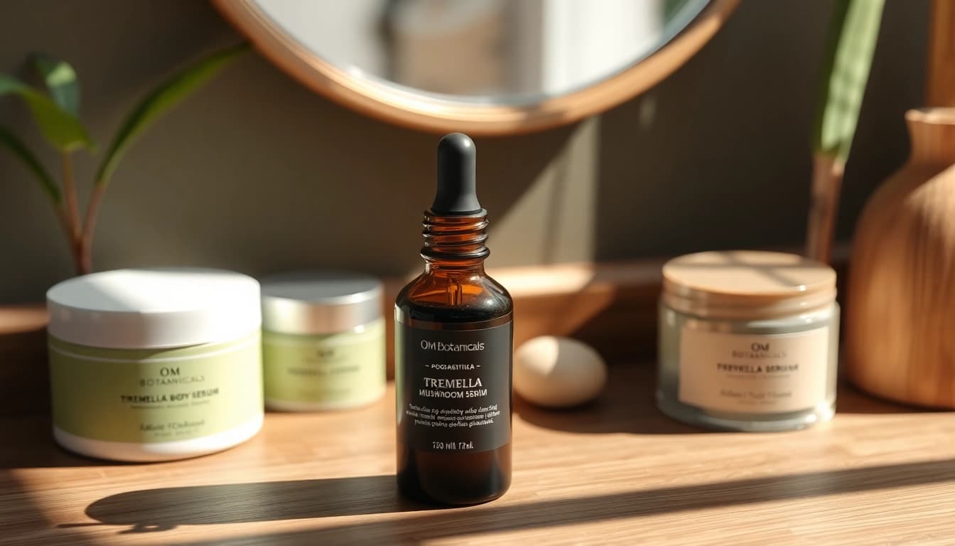 Tremella mushroom serum displayed with complementary skincare products in a serene setup.