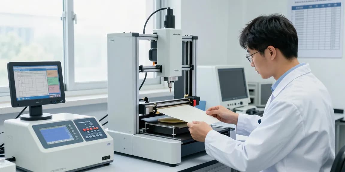 Technician using the Elmendorf tear tester for precise measurement of fabric strength in a high-tech lab.