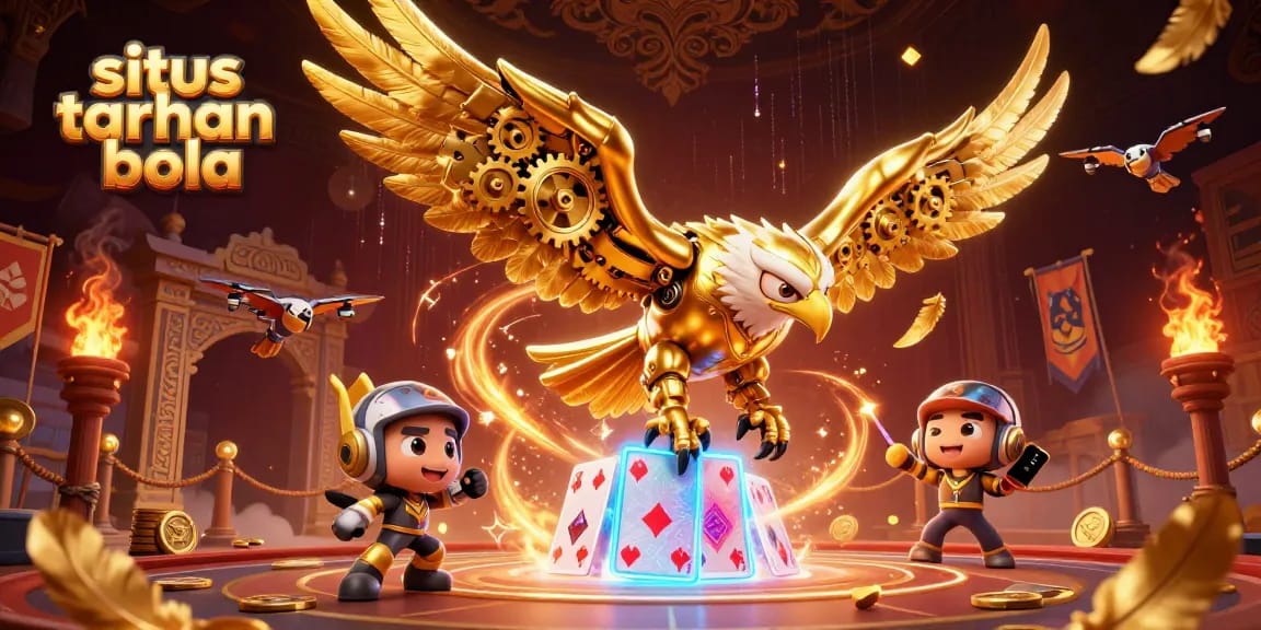 Engage in situs taruhan bola action with a dynamic 3D illustration showcasing a cybernetic eagle and vibrant gambling elements.