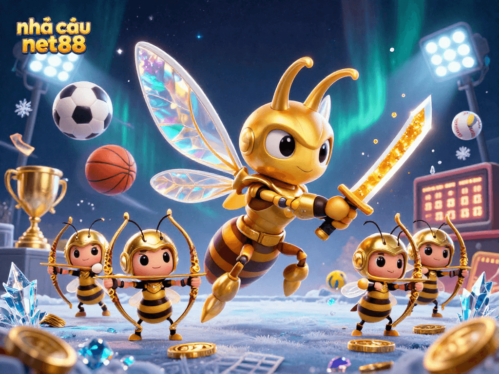 Engage with nhà cái net88 through vibrant sports-themed 3D casino illustration showcasing a golden hornet and bee archers.