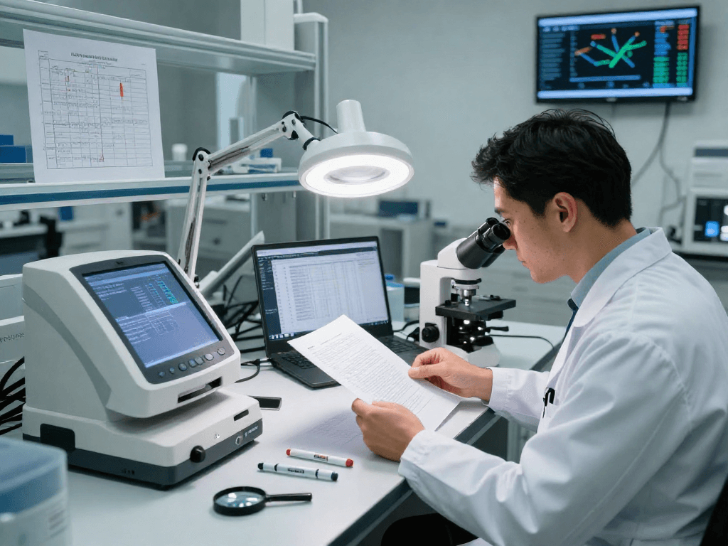 Forensic analyst examining a document for fraud detection with high-tech tools and data analysis software in a professional lab.