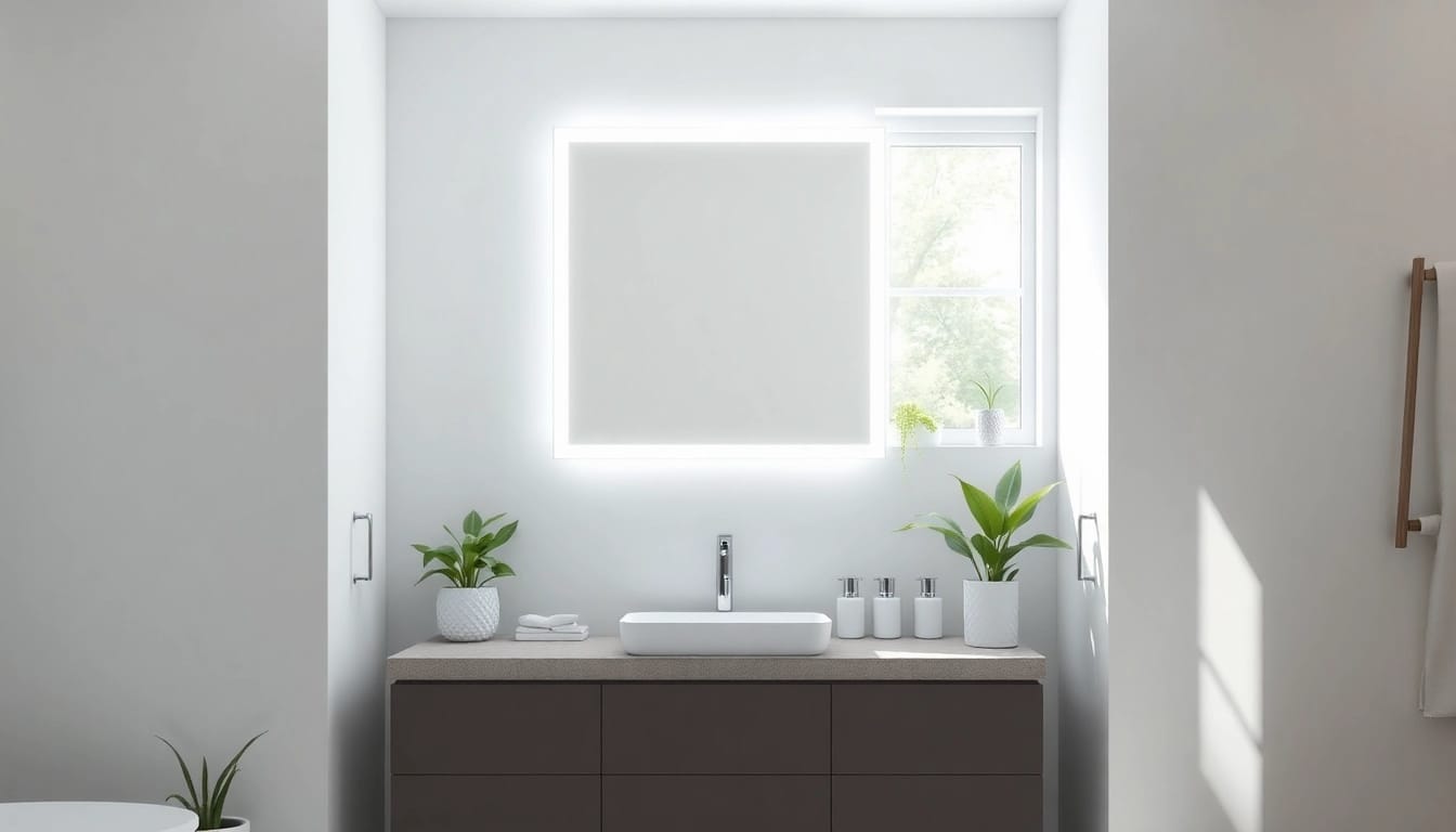 Reflective elegance of an elegant led mirror enhancing a modern bathroom ambiance.
