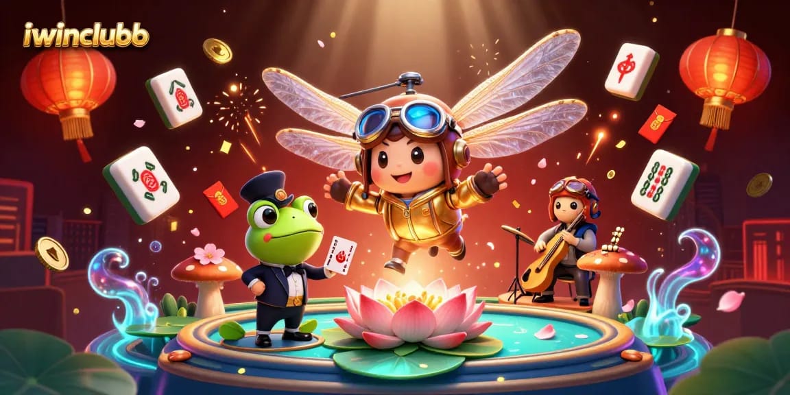 Engage with iwinclubb at a vibrant lily pad casino with a dragonfly pilot and jazz-playing frogs.