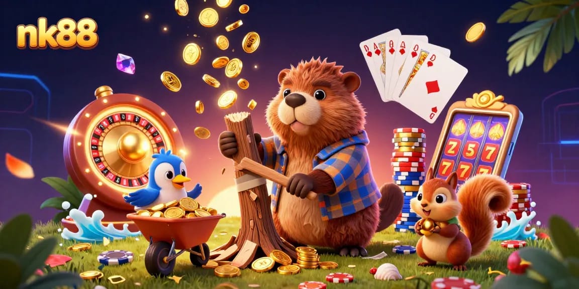 Engage in thrilling gaming at nk88, featuring vibrant characters and dynamic casino elements.