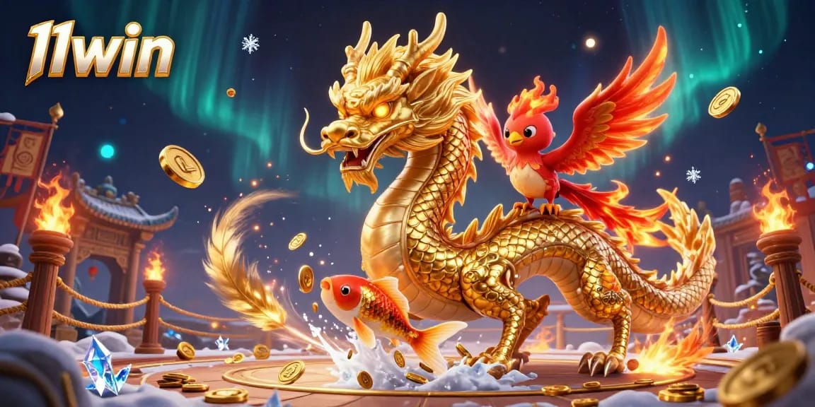 Engage with 11win’s vibrant 3D illustration, showcasing a golden dragon, phoenix, and koi fish surrounded by coins.