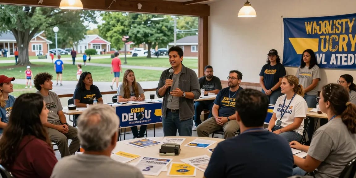 Casey Askar engaging with community members at a town hall event.