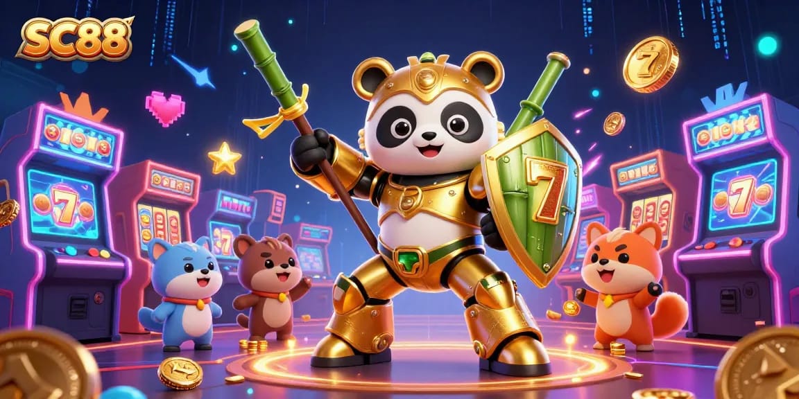 Engage with SC88's vibrant 3D illustration showcasing a mech-suit panda in an arcade of lively slot machines