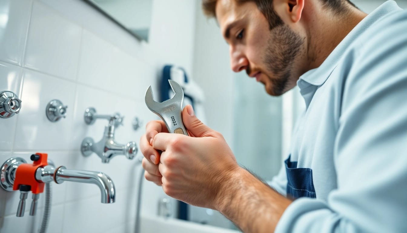 Find a qualified plumber near me fixing a sink in a bright bathroom.
