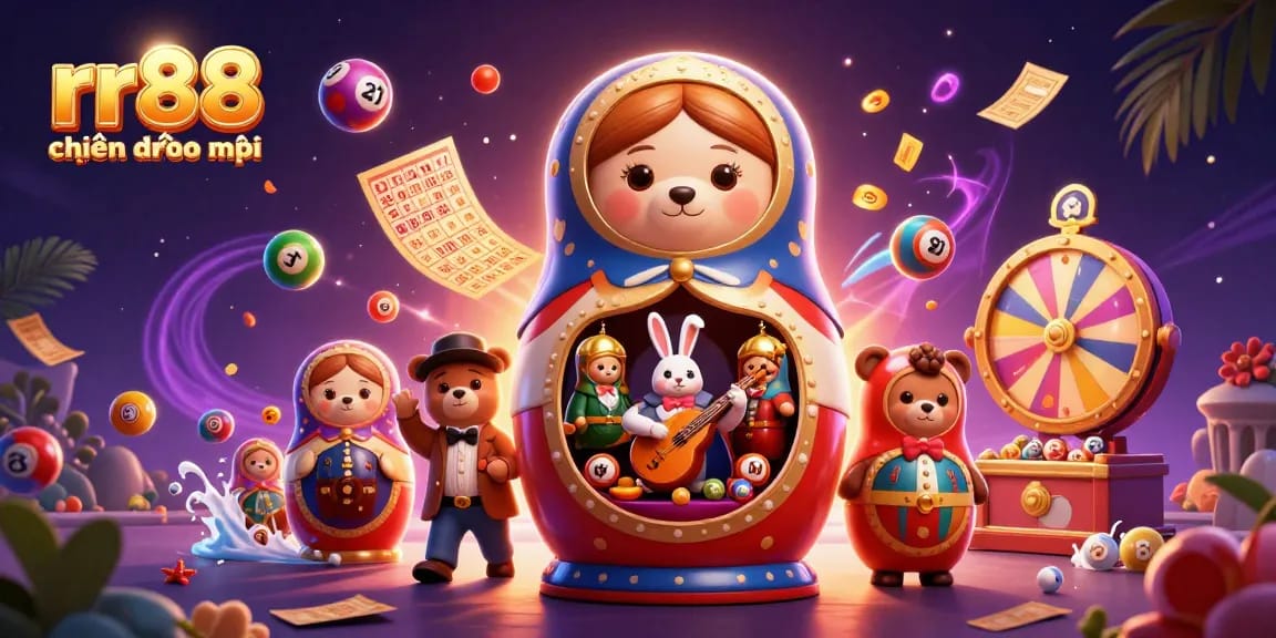 Experience rr88 hiện đang mở with a vibrant 3D casino illustration showcasing bear dealers and lottery elements.