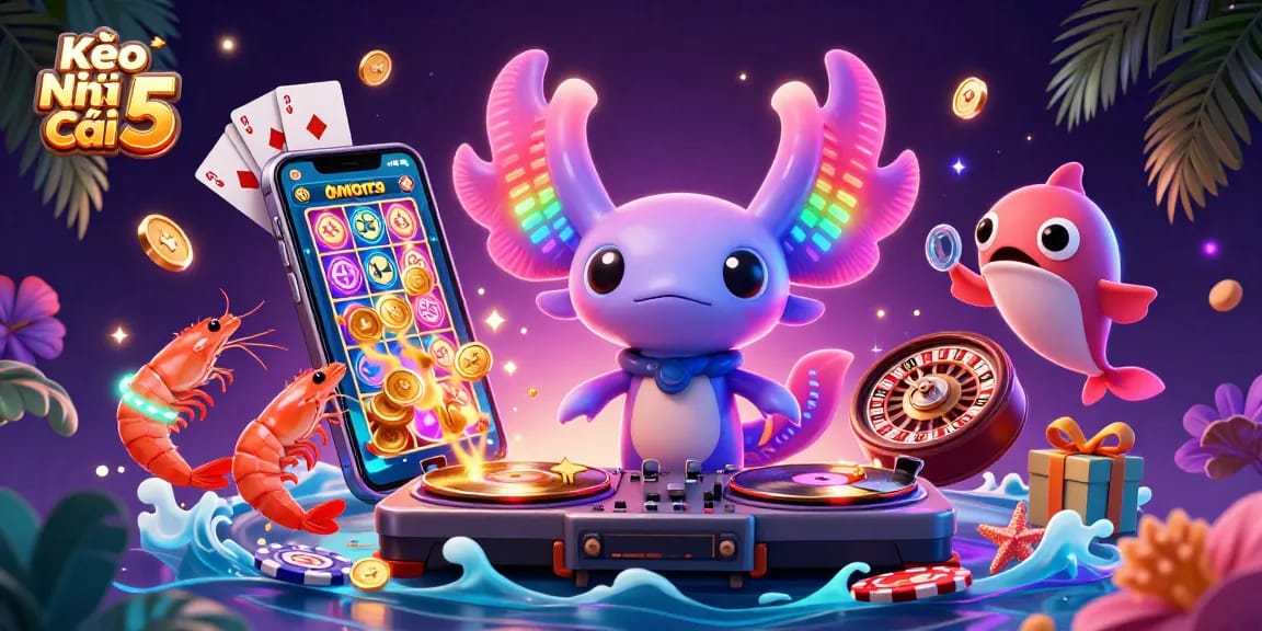 Kèo Nhà Cái 5 showcases vibrant casino activities with a neon axolotl DJ and animated sea creatures.