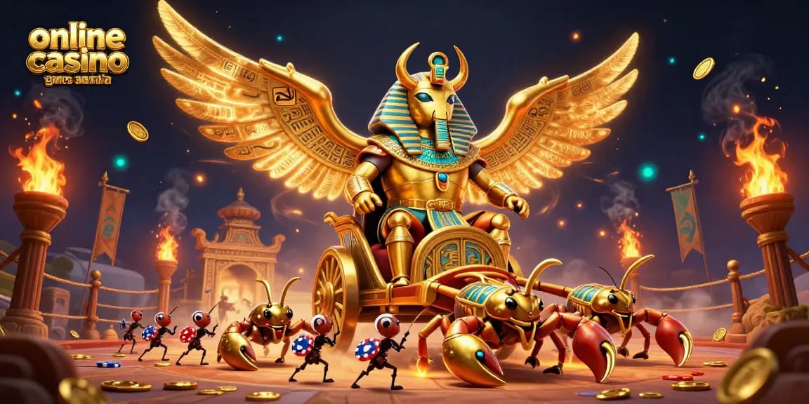 Engage with online casino games Australia featuring a grand 3D beetle and scorpion chariot, vibrant scene.