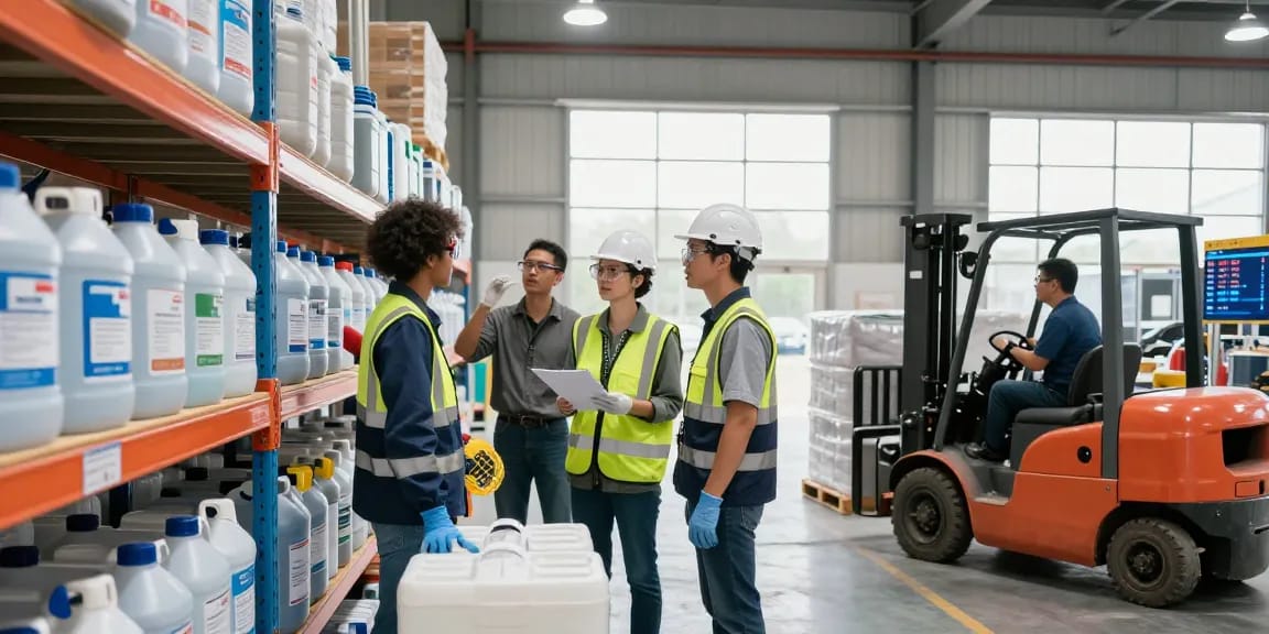 Chemical suppliers near me exploring a well-organized warehouse, showcasing teamwork and safety.
