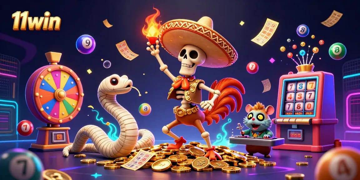 Experience the thrilling action of 11win with a lively 3D casino scene featuring dynamic lottery balls and vibrant characters.