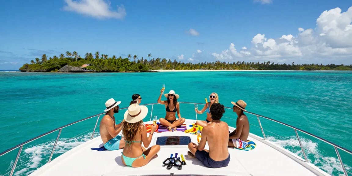 Luxury yacht rental Punta Cana with friends celebrating on crystal-clear waters