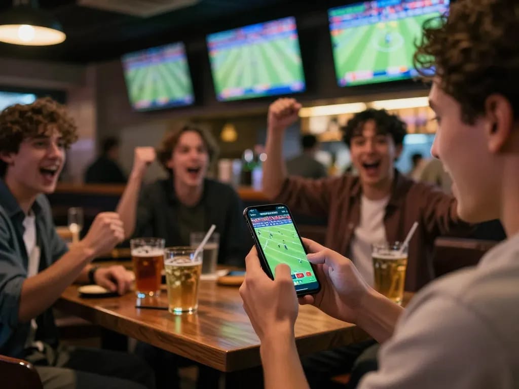 Xem bóng đá trực tiếp at a sports bar with enthusiastic fans cheering and using smartphones for betting.