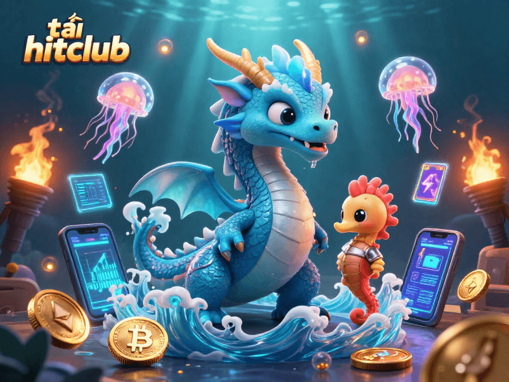 Engage with tải hitclub in a vibrant 3D crypto casino featuring a majestic water dragon and dynamic game elements.