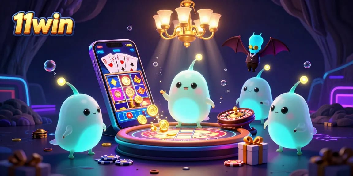 Engage in exciting 11win casino adventures with glowing glowworms illuminating a vibrant gaming scene.