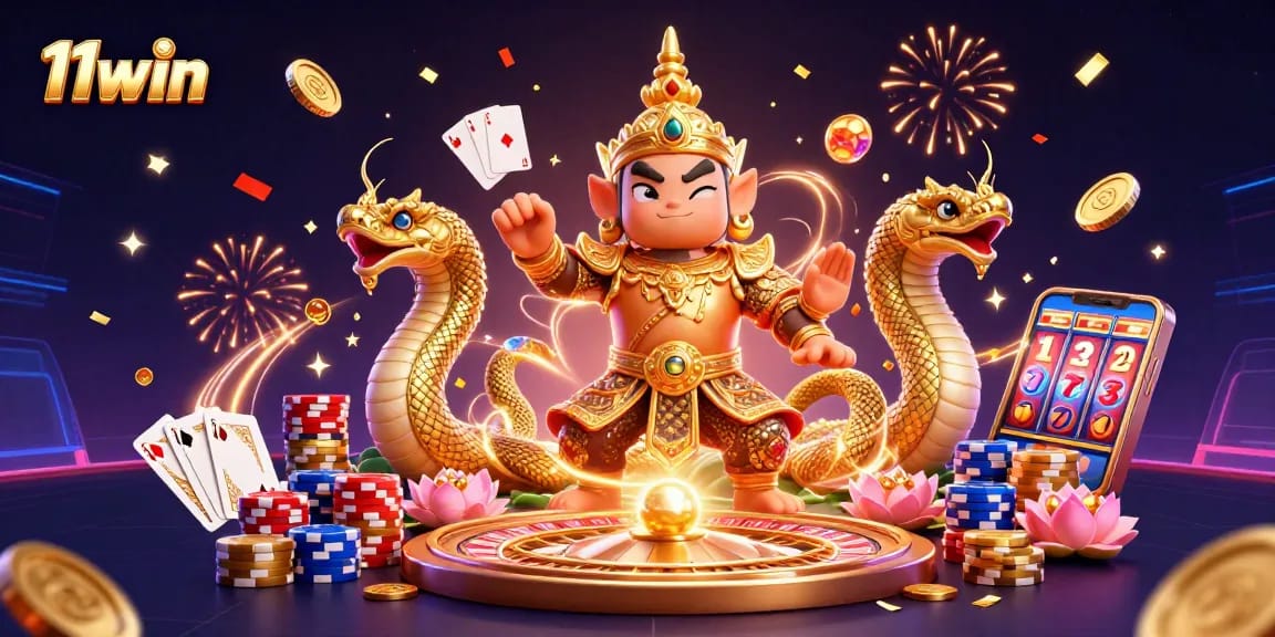 Play slots and win big at 11win while being entertained by vibrant characters and casino elements.