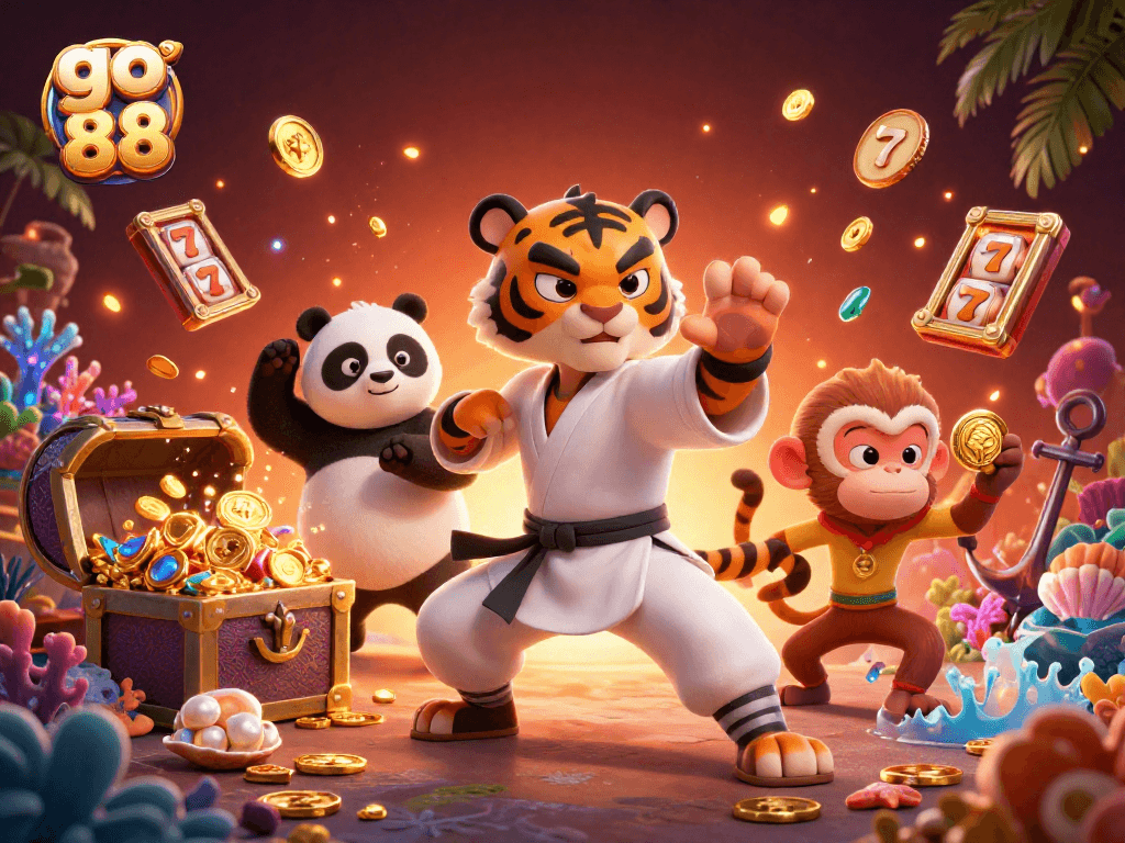 Engage with go 88 in an energetic casino scene featuring slot reels, a kung fu tiger, and vibrant treasure.