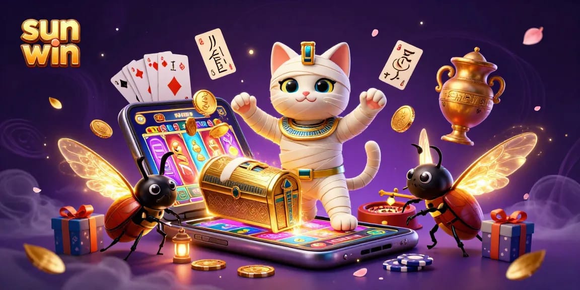 Experience the magic at sun win with the mummy cat and vibrant casino elements.