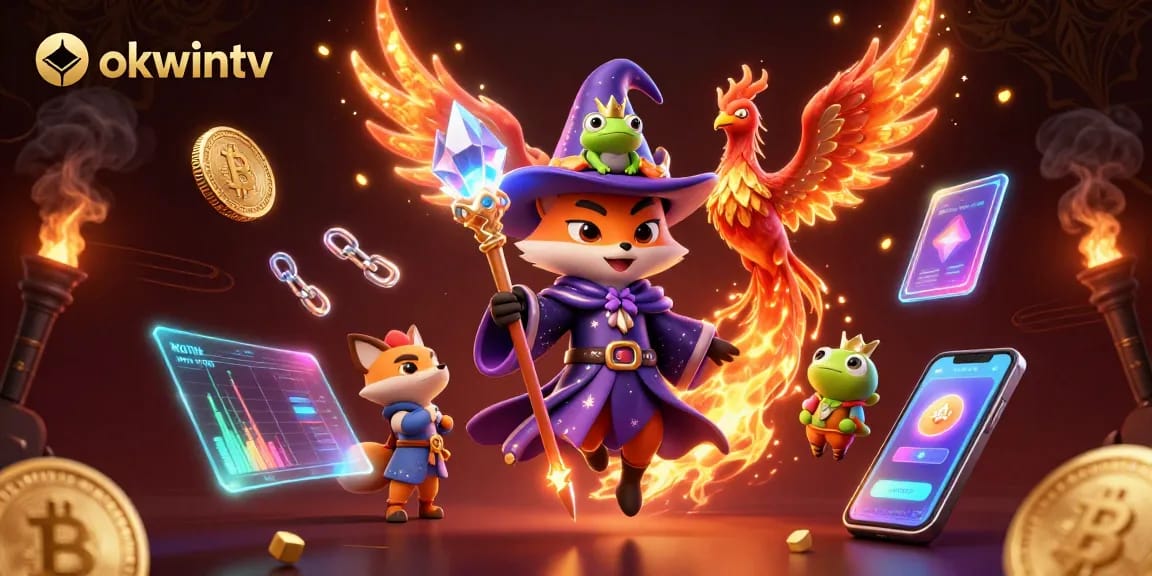 Join the excitement of okwintv with a vibrant casino scene featuring a wizard fox and a phoenix.