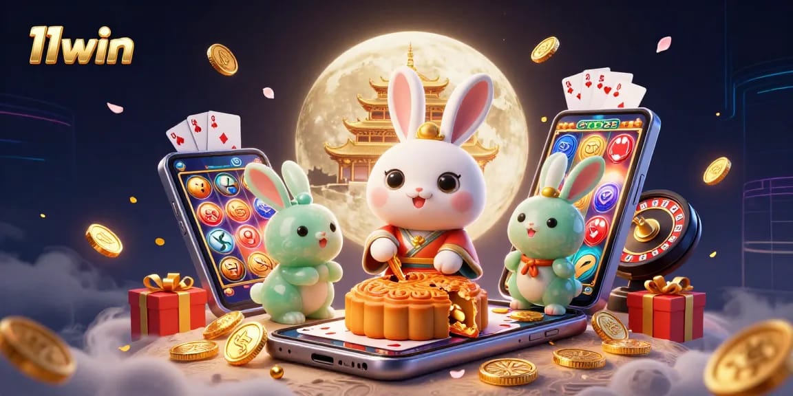 11win showcases an enchanting moon rabbit figuratively gambling with poker chips among slot games.