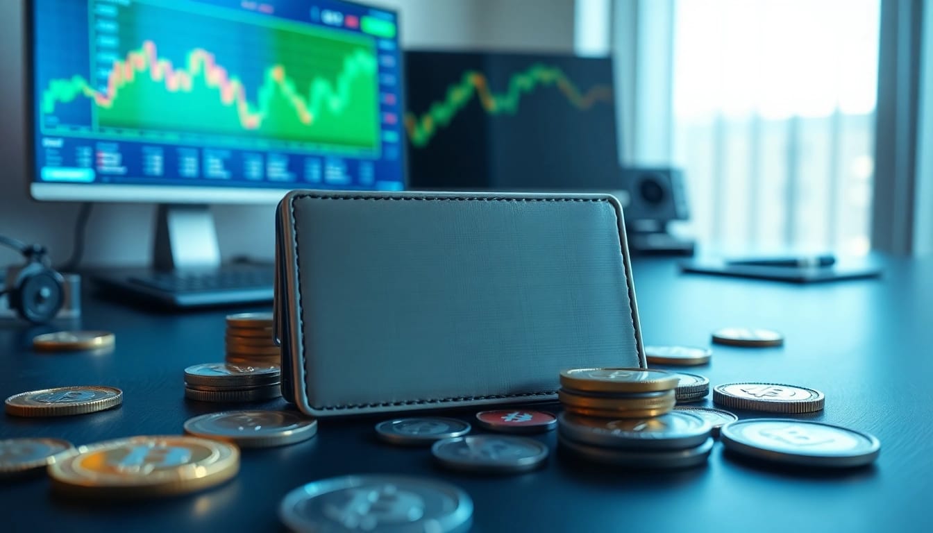 Secure crypto wallet showcasing digital currencies on a modern desk setup.