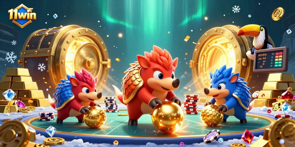 Experience thrilling moments at 11win with vibrant pangolins and golden casino elements.