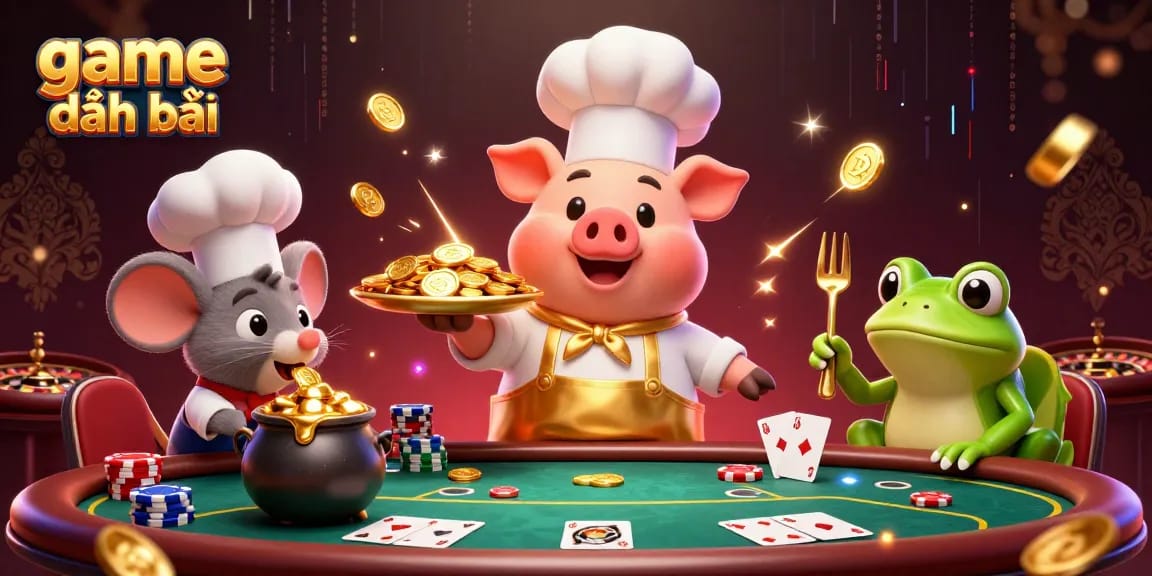 Engage in the thrilling game đánh bài with vibrant characters and gold elements in a lively casino scene.