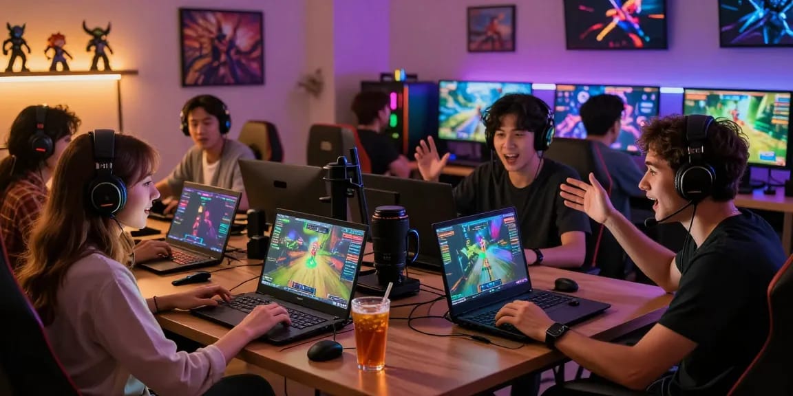 Engaged gamers playing online sex games on various devices in a vibrant setting.