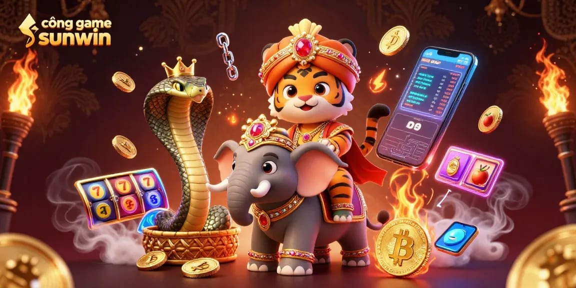 Công game sunwin provides a vibrant casino scene featuring a majestic tiger and elephant amidst slot reels and cryptocurrency coins.