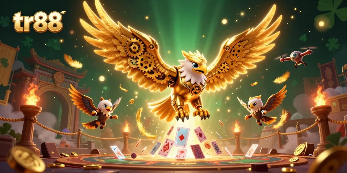 tr88 showcases a lively 3D illustration of a golden eagle amidst diverging playing cards, ideal for casino enthusiasts