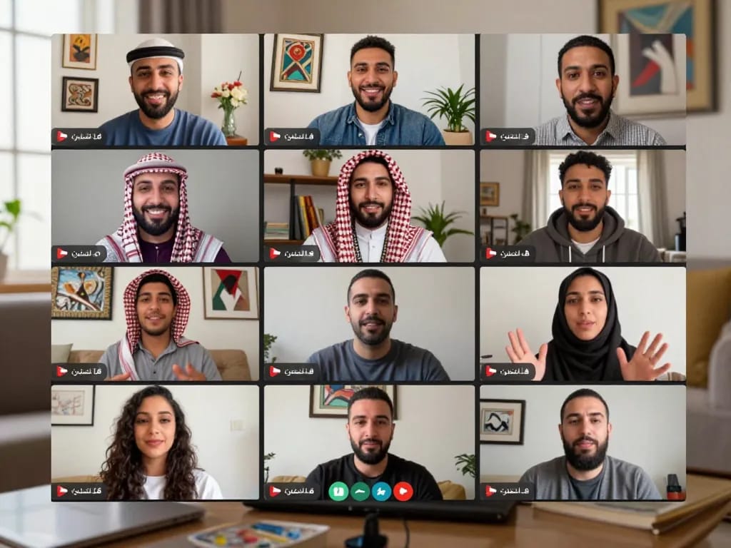Enjoying دردشة فلسطين, diverse individuals in vibrant video chat sharing cultural backgrounds.