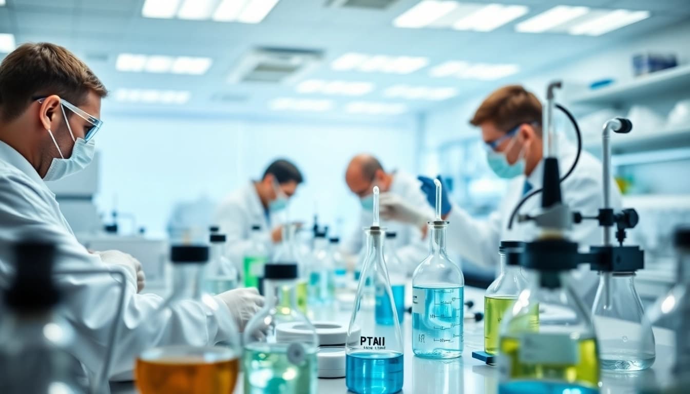 Engaging scientists at https://hydroresearchpeptides.com/ creating peptides in a professional lab setting.