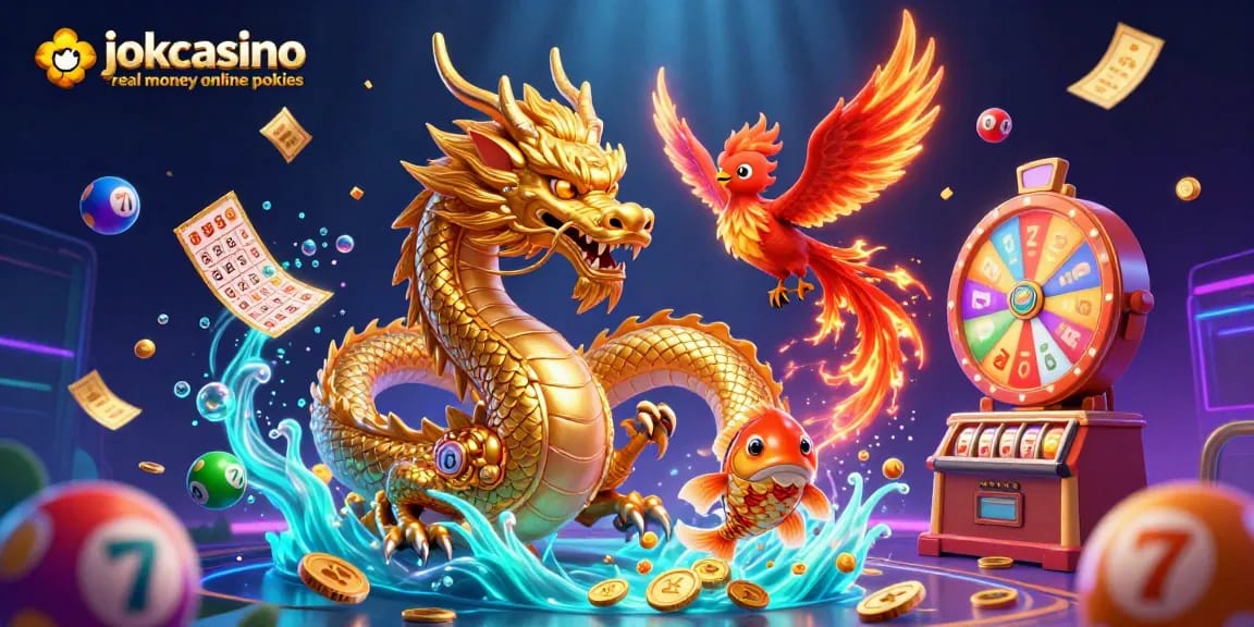 Experience the thrill of jokacasino real money online pokies with vibrant, action-packed 3D illustration featuring dynamic characters.